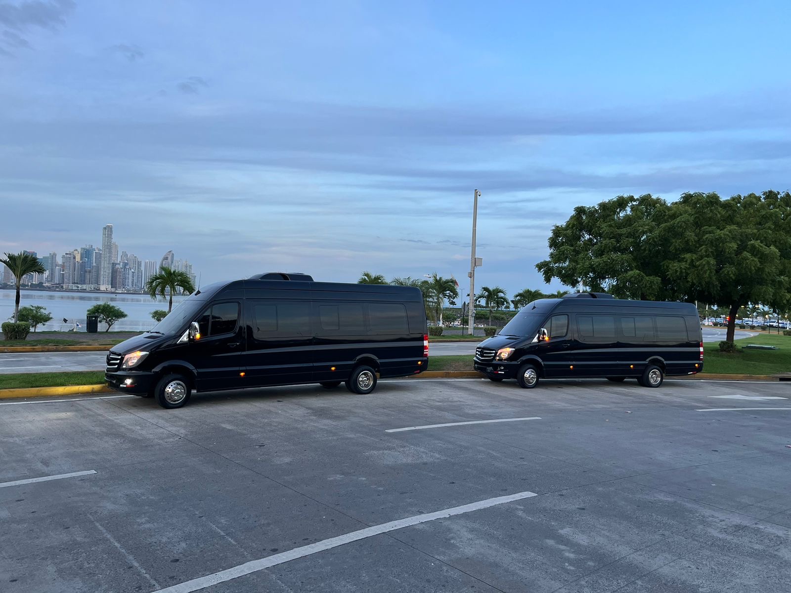 Flota ejecutiva de Transporte Moderno Panamá al atardecer frente al skyline de Ciudad de Panamá